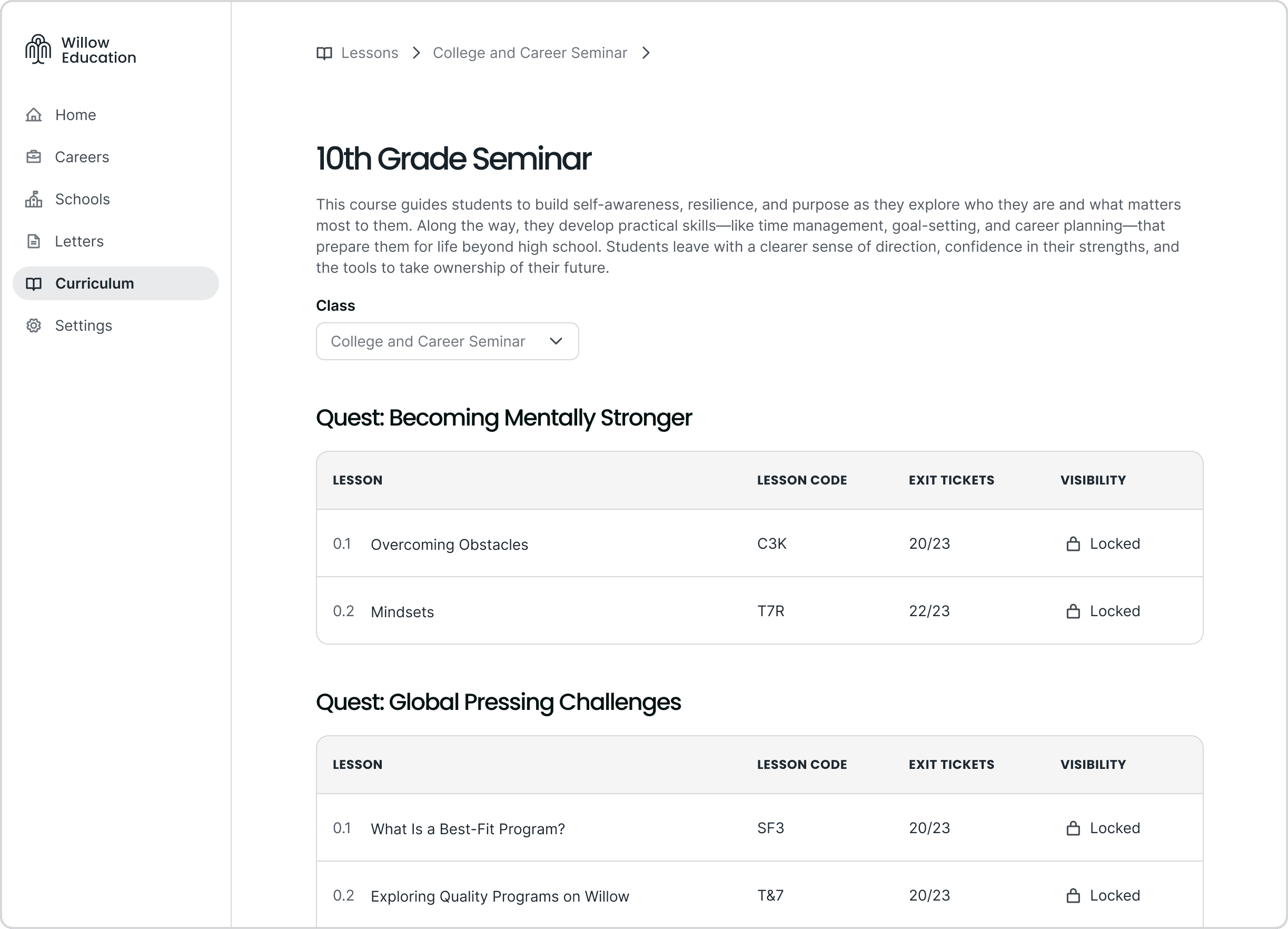 Willow curriculum interface